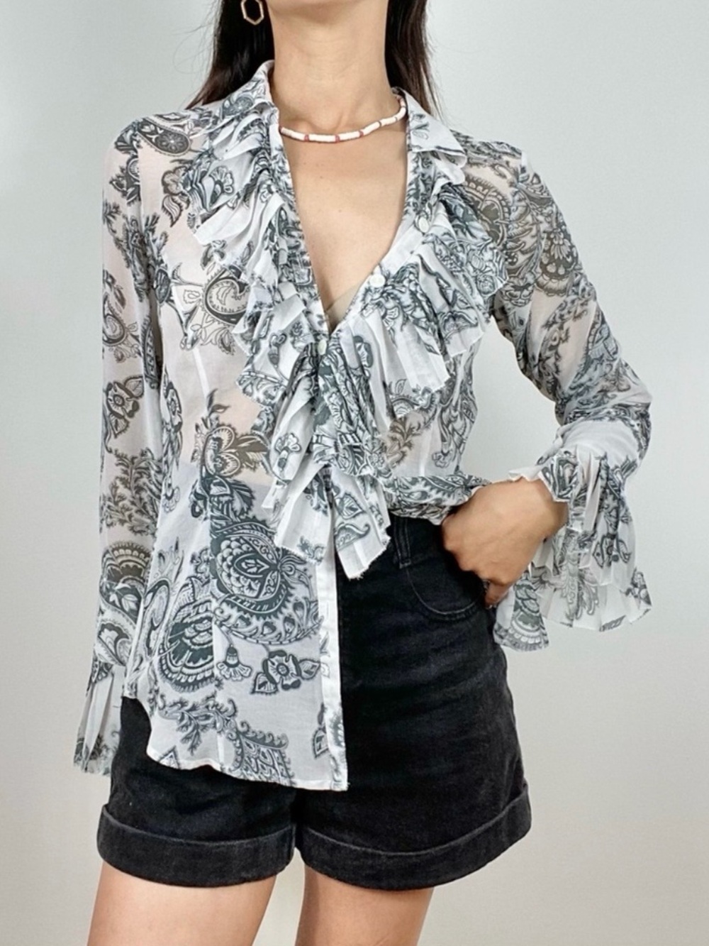 CAbi White Sheer Paisley Ruffle Blouse Catherine sheer size L